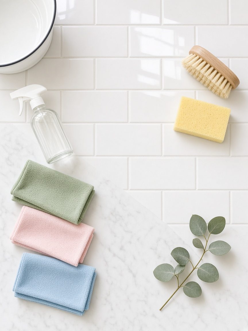 Overhead flat-lay of a glass spray bottle, folded pastel microfiber cloths, a wooden scrub brush, a yellow sponge and eucalyptus on white tile and marble