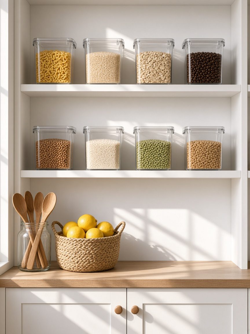 White pantry shelves lined with clear containers of pasta, rice, oats, lentils and coffee beans in morning sunlight, with a basket of lemons below