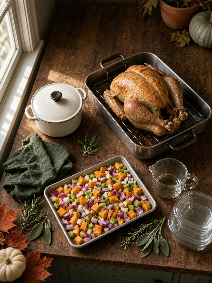 A roasted turkey on a rack in a stainless roasting pan beside a cream Dutch oven, a sheet pan of chopped vegetables, a glass fat separator and stacked glass containers on a wooden counter