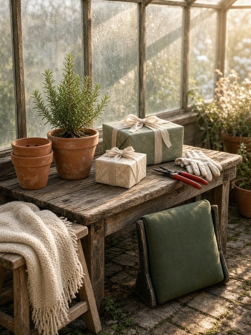 A sunlit greenhouse potting bench with sage and cream wrapped gifts, a potted rosemary tree, red-handled pruners, garden gloves, a green garden kneeler and a cream knit throw