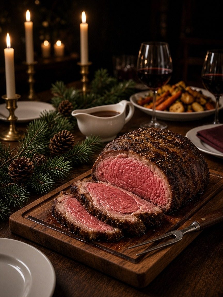 A candlelit Christmas dinner table with a rib roast resting on a wooden carving board, a carving knife, gravy and side dishes under string lights